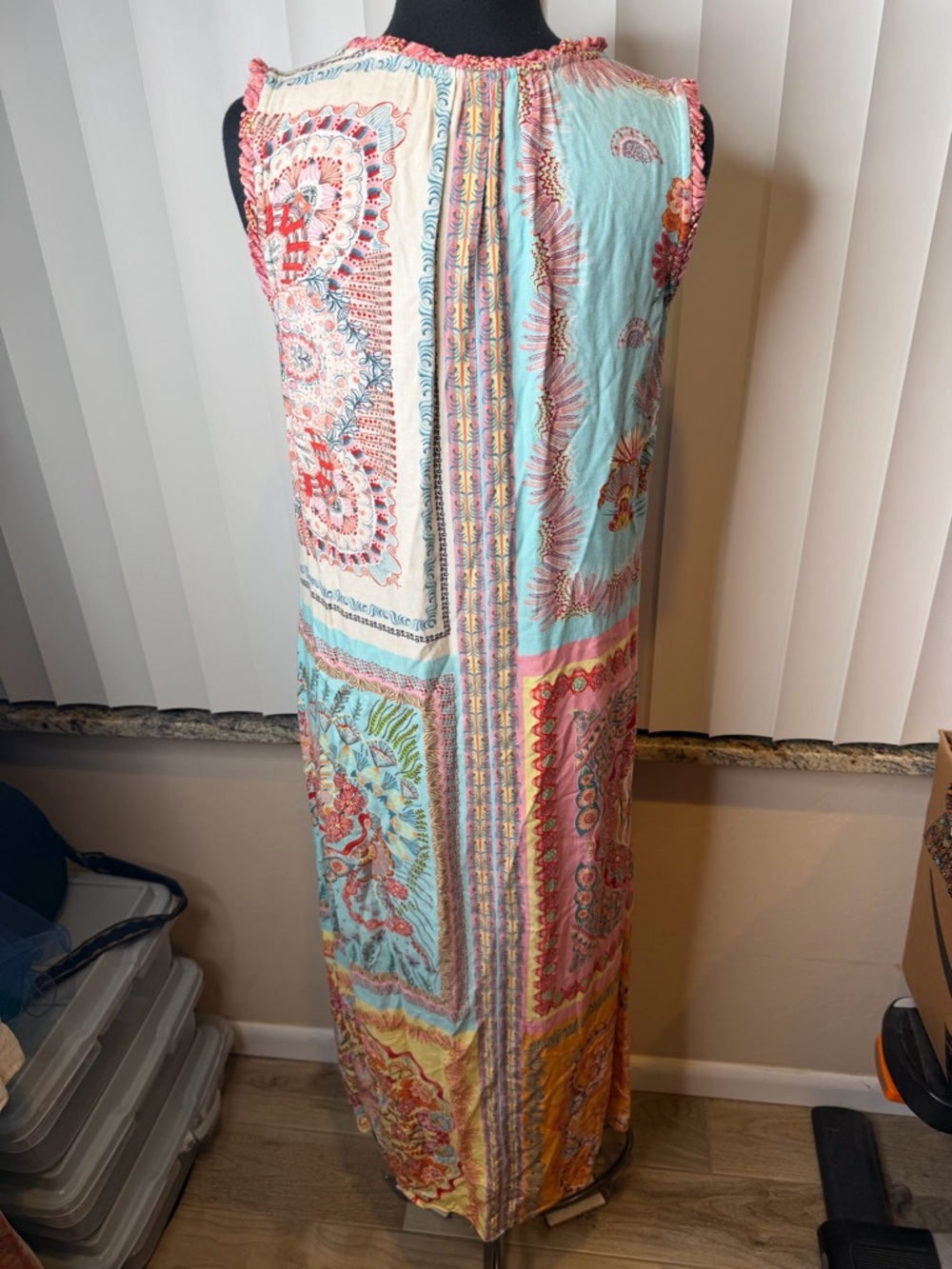 Hale Bob Sleeveless Patchwork Maxi Dress in Turquoise and Coral Size Medium - Picture 5 of 6